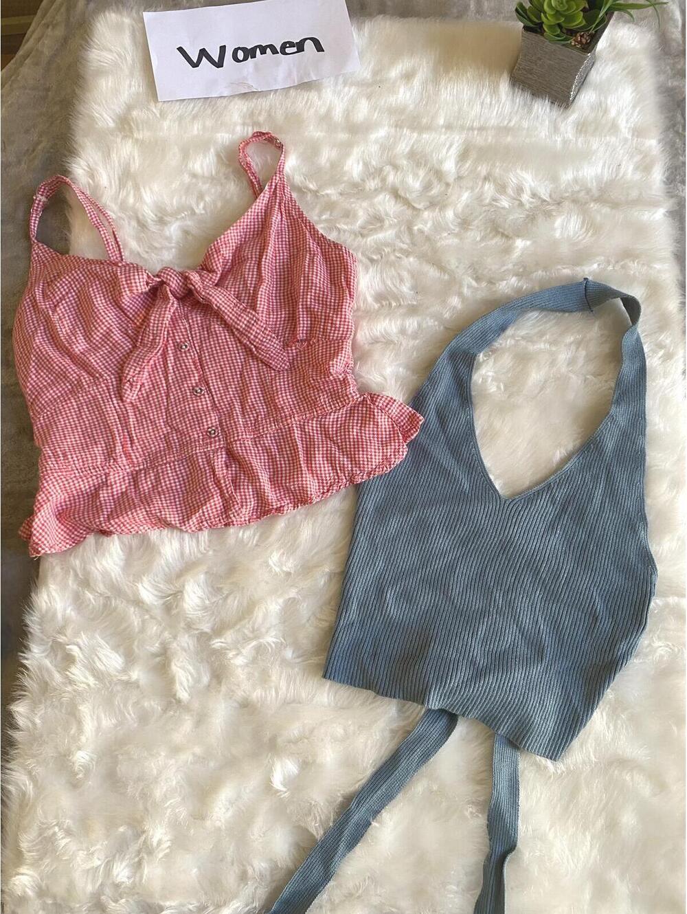 Set of Women’s Red Gingham Tank Top & Blue Ribbed Halter Top Size Small